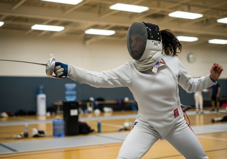 Side view of a female fencer wearing fencing suit and mask practicing in a gymの素材