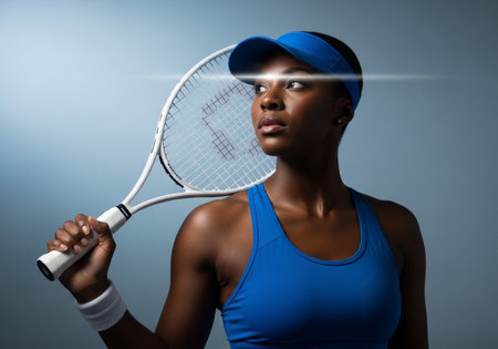 Portrait of a beautiful african american woman playing tennis on grey backgroundの素材