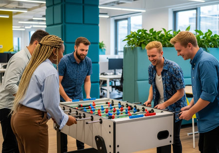 Group of young business people playing table football at modern startup office buildingの素材