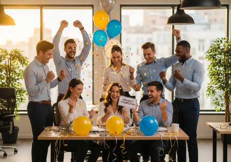 Group of happy young business people celebrating success at office party. This is a business, startup and office workers concept.の素材