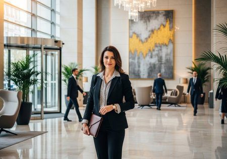 Beautiful business woman in suit walking in the lobby of the hotelの素材