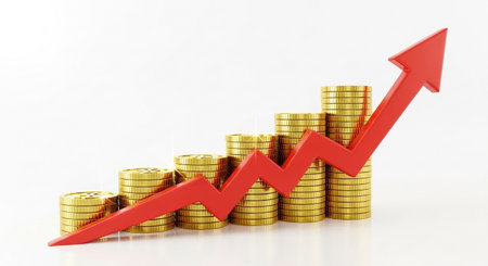 A visual representation of financial growth, with a rising arrow superimposed on a bar chart made of stacked gold coins, symbolizing increasing wealth and prosperity.の素材