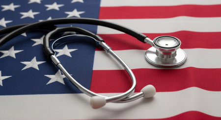 A close-up view of a stethoscope placed upon the Stars and Stripes of the American flag, representing the critical role of healthcare within the nation.の素材