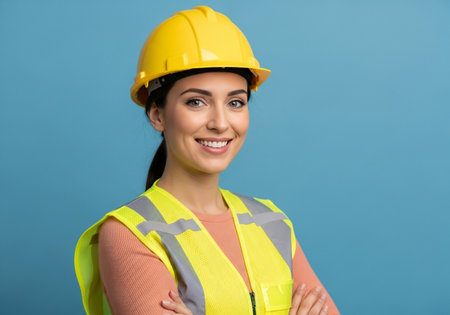 A cheerful and confident female construction worker in safety gear, smiling with arms crossed, embodying professionalism and readiness for work.の素材
