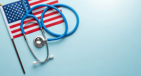 A blue stethoscope is placed on a small American flag, representing the connection between national identity and medical care in the USA.の素材