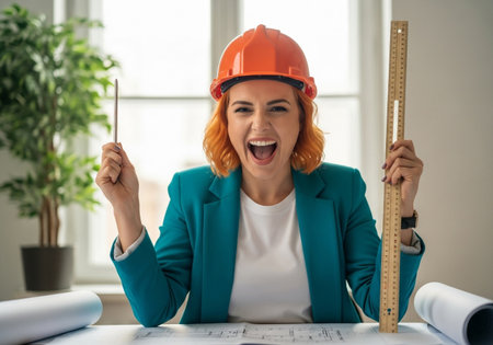 A happy female architect wearing a hard hat and blazer is excitedly reviewing blueprints with a pencil and ruler, ready to start a new project.の素材