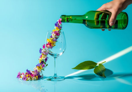 A hand elegantly pours a cascade of vibrant flower petals from a green bottle into a wine glass, set against a serene blue background.の素材