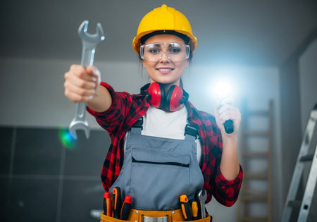 A confident woman in construction attire, equipped with tools and safety gear, exemplifies dedication and skill in the building and repair trades.の素材