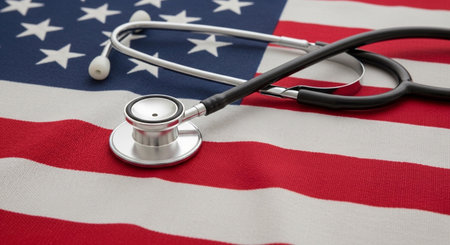 A close-up view of a stethoscope lying on the stars and stripes of the American flag, representing the state of healthcare and medical services in the United States.の素材