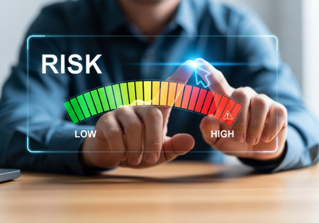 A close-up shot of a person's hands interacting with a futuristic digital interface that visualizes risk levels, from low to high, on a segmented scale.の素材