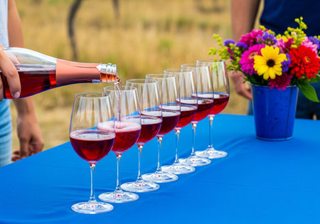 A hand pours pink rose wine into a row of clear wine glasses set on a blue tablecloth, with a vibrant bouquet of flowers adding a splash of color.の素材