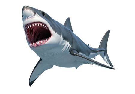 A striking image of a great white shark with its menacing jaws agape, capturing the raw power and primal fear associated with this magnificent ocean predator.の素材