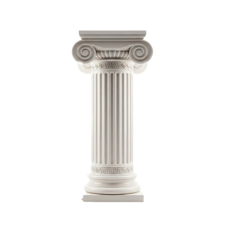 A classic Ionic column, characterized by its distinctive volutes and fluted shaft, represents timeless architectural elegance, presented isolated on a white background.の素材