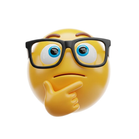 A yellow emoji wearing black-rimmed glasses, with a hand on its chin, conveying a thoughtful or pondering expression. This icon represents thinking, questioning, and intellectual contemplation.の素材