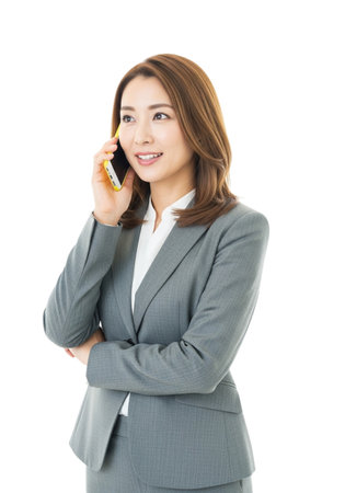 A confident businesswoman, dressed in a sharp grey suit, engages in a mobile phone conversation, her expression thoughtful against a clean, isolated white backdrop.の素材