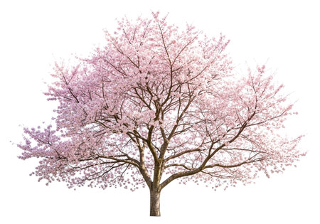 A magnificent cherry blossom tree stands in full bloom, adorned with countless delicate pink flowers, symbolizing renewal and the beauty of spring. Isolated on white.の素材