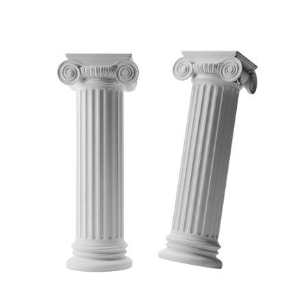 Two distinct Ionic columns stand prominently, their characteristic volutes and fluted shafts highlighted against a pure white background, symbolizing classical design.の素材