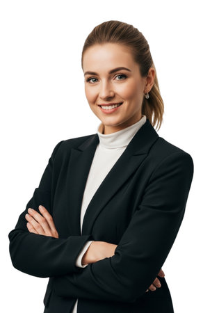 A young, professional woman with her arms crossed and a friendly smile, wearing a stylish black blazer over a turtleneck, isolated on white.の素材