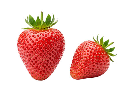 Two vibrant, red strawberries sit side-by-side against a stark white background, their textured surfaces and green leafy tops clearly visible.の素材