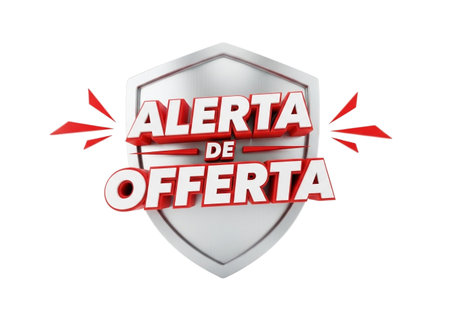 A striking silver shield emblem prominently displays the Portuguese phrase 'Alerta de Oferta,' translating to 'Offer Alert,' signaling an upcoming or current special promotion for shoppers.の素材