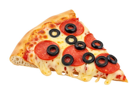 A close-up view of a single, mouthwatering slice of pepperoni pizza, adorned with glistening black olives and bubbling, melted mozzarella cheese, presented on a clean white background.の素材