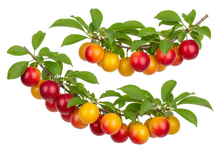 Two curved branches heavily decorated with clusters of small, ripe plums, showcasing a beautiful gradient of red and yellow hues against a stark white background.の素材