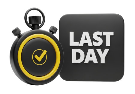 A 3D illustration featuring a stopwatch with a yellow checkmark, symbolizing completion, next to a black square displaying 'LAST DAY' in bold white letters, emphasizing urgency and finality.の素材