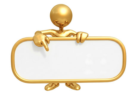 A shiny golden 3D character is pointing its finger towards a blank, empty sign. This isolated image is perfect for presentations, marketing, and conveying messages.の素材