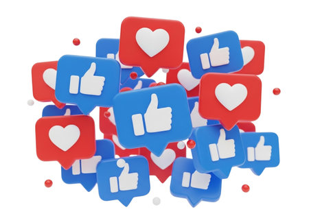 A vibrant collection of social media 'like' and 'heart' icons, symbolizing user engagement and positive feedback, presented against a clean white backdrop.の素材