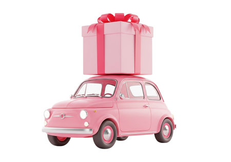 A charming pink retro car transports a large, beautifully wrapped pink gift box, symbolizing joy and surprise for a special occasion.の素材