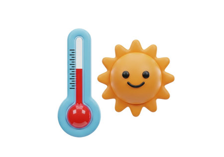 A 3D rendered image featuring a blue thermometer with a red liquid column next to a cheerful, smiling sun, symbolizing hot weather and high temperatures.の素材