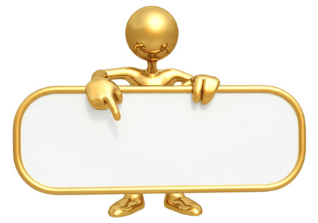 A shiny golden 3D character stands and points a finger at a blank, oval-shaped sign. The figure has a cheerful expression and is positioned centrally against a pure white backdrop, emphasizing the empの素材