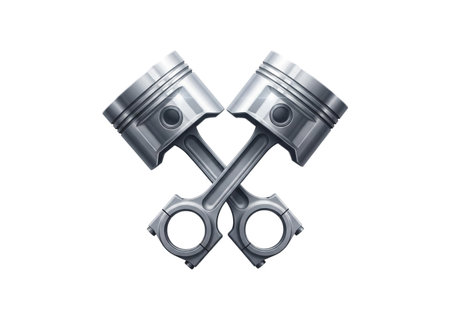 A pair of crossed pistons, meticulously crafted from metal, stand out against a pure white backdrop, symbolizing the heart of automotive power and precision engineering.の素材