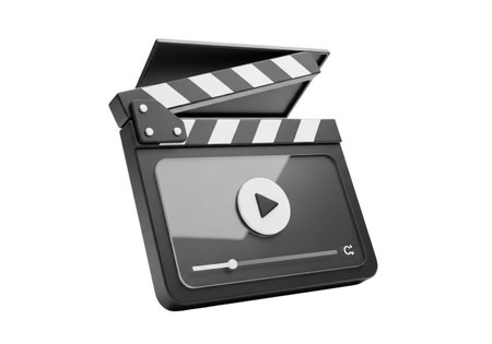 A modern clapperboard icon, featuring a prominent play symbol and a sleek progress bar, symbolizing the process of video creation, editing, and the initiation of media playback on digital platforms.の素材