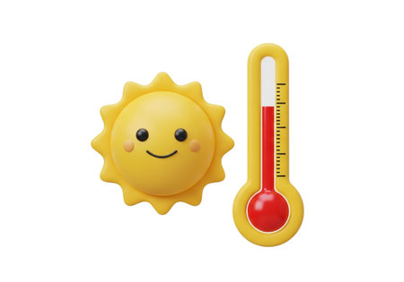 A cheerful cartoon sun with a smiling face stands next to a thermometer showing a high temperature, perfect for summer or weather-related content.の素材