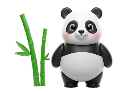 A charming 3D rendered illustration of a baby panda bear, depicted in a playful pose next to vibrant green bamboo shoots, set against a clean white backdrop.の素材