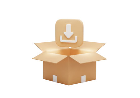 A conceptual 3D illustration depicting an open cardboard box, symbolizing delivery or storage, with a prominent download icon hovering above, suggesting digital transfer or acquisition.の素材