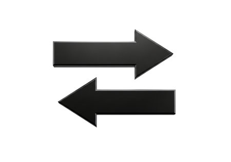 A pair of bold black arrows, one facing left and the other right, symbolizing opposing directions or choices. Ideal for representing concepts of exchange or contrast.の素材