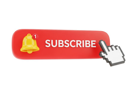 A 3D render of a vibrant red subscribe button, complete with a golden notification bell and a digital cursor poised to click, set against a clean white backdrop.の素材
