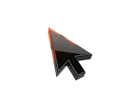 A sharp, glossy black computer mouse cursor arrow, rendered in 3D, pointing upwards and to the left, isolated against a pure white background for versatile use.の素材