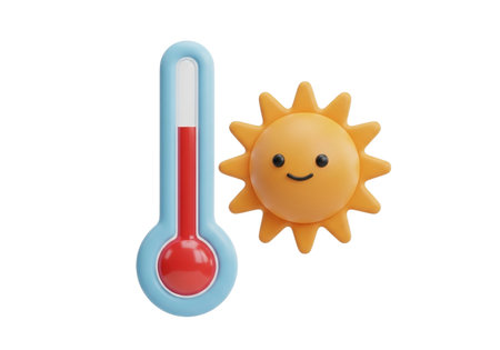 A 3D render of a cartoon thermometer with a red liquid column, placed beside a smiling sun icon. Both are isolated on a clean white background, symbolizing hot weather.の素材