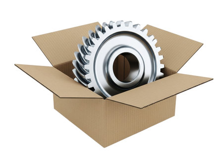 A substantial metallic gear, representing industrial precision and mechanical function, is presented within an open, brown cardboard box against a stark white background.の素材