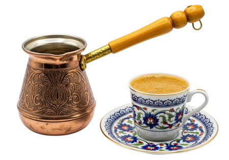 A detailed view of a vintage copper Turkish coffee pot with an ornate pattern, paired with a decorative ceramic cup and saucer, ready to serve a rich brew.の素材