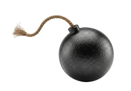 A classic, black, spherical cannonball bomb with a coarse, frayed rope fuse attached, depicted starkly against a clean white background, ready for action.の素材