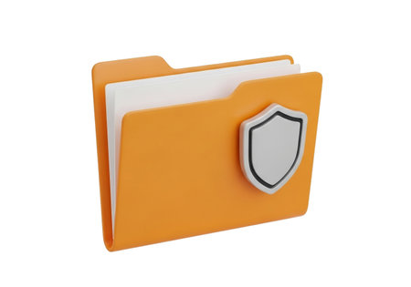 An orange file folder is adorned with a prominent shield icon, signifying robust security and protection for its contents. Ideal for data privacy concepts.の素材
