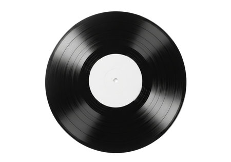 A top-down view of a classic black vinyl record, showcasing its intricate grooves and a clean white center label, presented on a plain white background.の素材