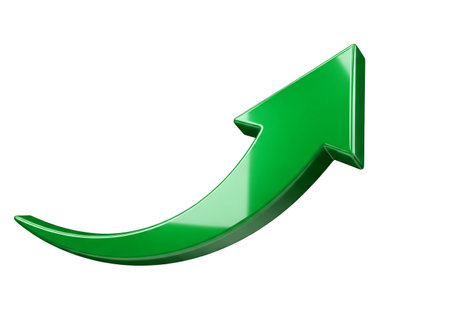 A vibrant, glossy green arrow dynamically curves upwards, symbolizing growth, progress, and positive trends in a clean, isolated presentation.の素材