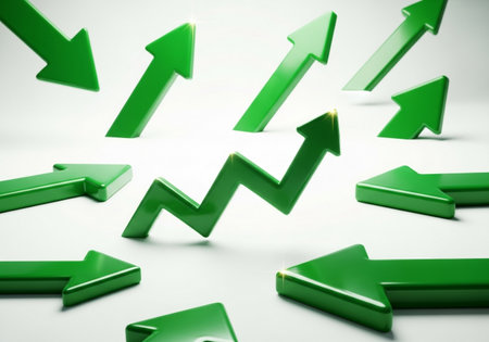 A collection of vibrant green arrows, some pointing upwards and others in different directions, suggesting diverse paths towards advancement and positive outcomes.の素材