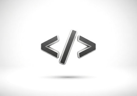A sleek, metallic icon symbolizing programming and code, with distinct angle brackets and a central slash, presented cleanly on a white background for clarity.の素材
