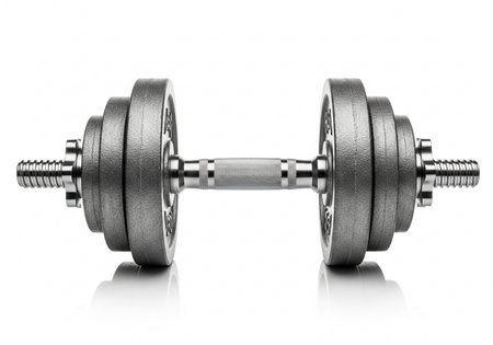 A single adjustable dumbbell, constructed from durable metal, featuring multiple weight plates and a secure locking mechanism for safe and effective strength training exercises.の素材